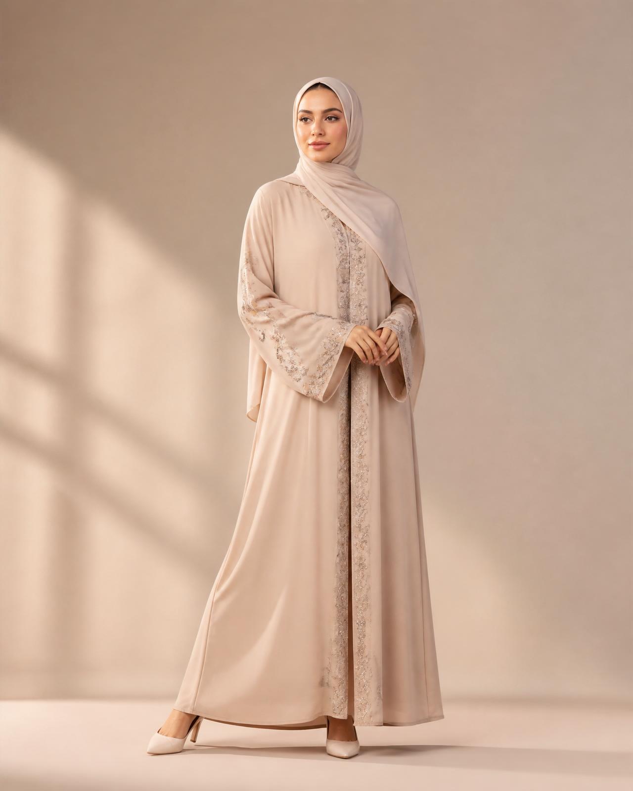 Model in a pastel modest abaya with hijab